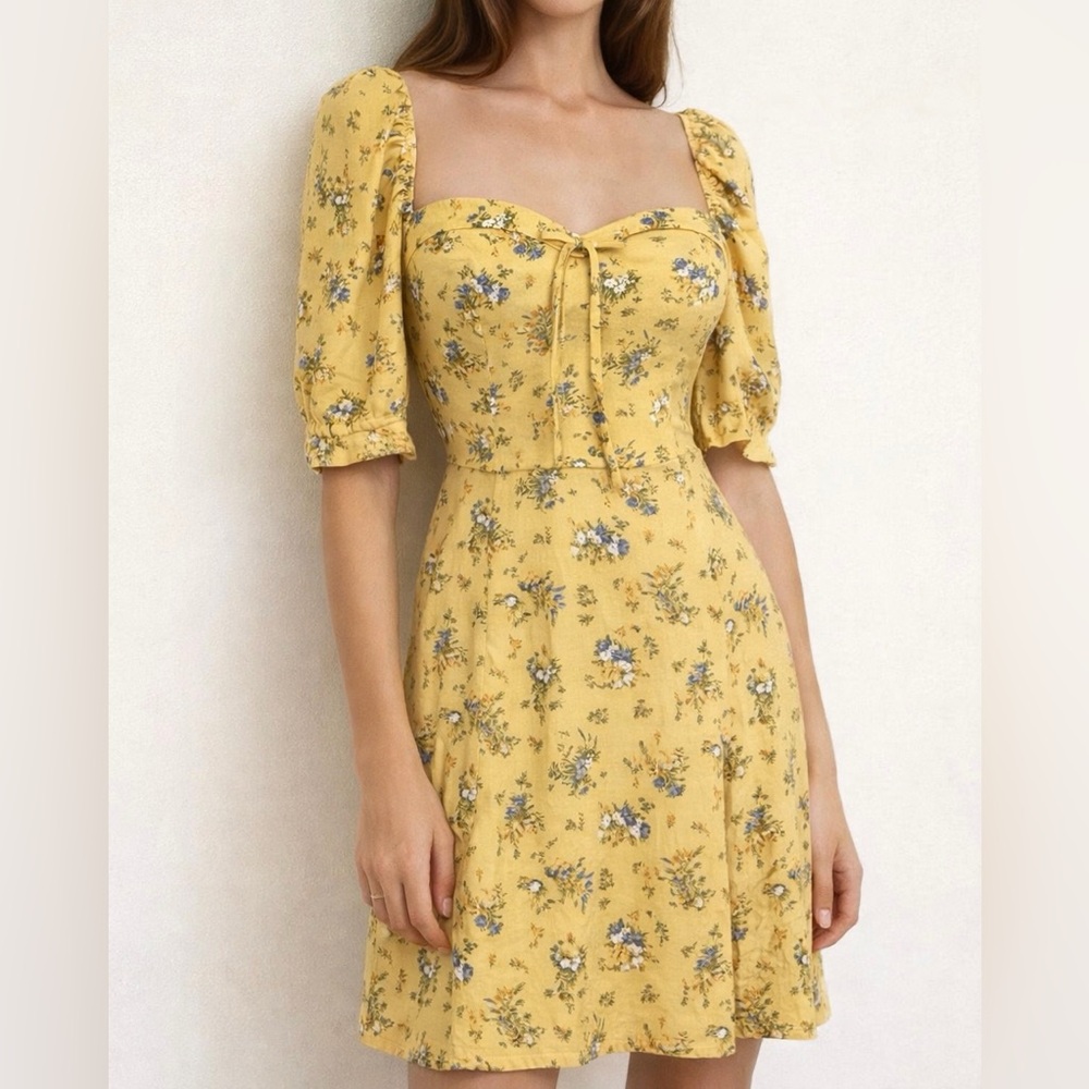 Reformation Yellow Floral Sweetheart Puff Sleeve Mini Dress S 0 Easter Spring